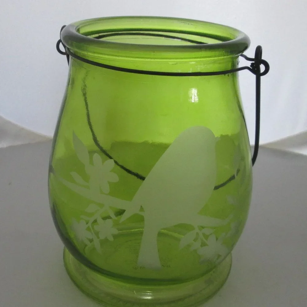 Teleflora Green Vase or jar with etched bird and handle